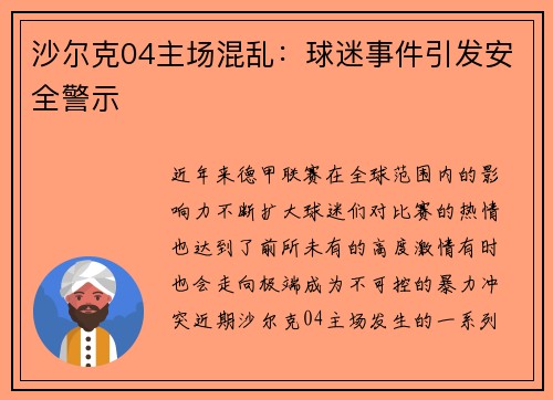 沙尔克04主场混乱：球迷事件引发安全警示