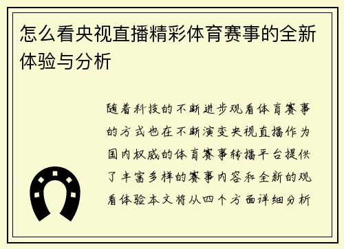 怎么看央视直播精彩体育赛事的全新体验与分析